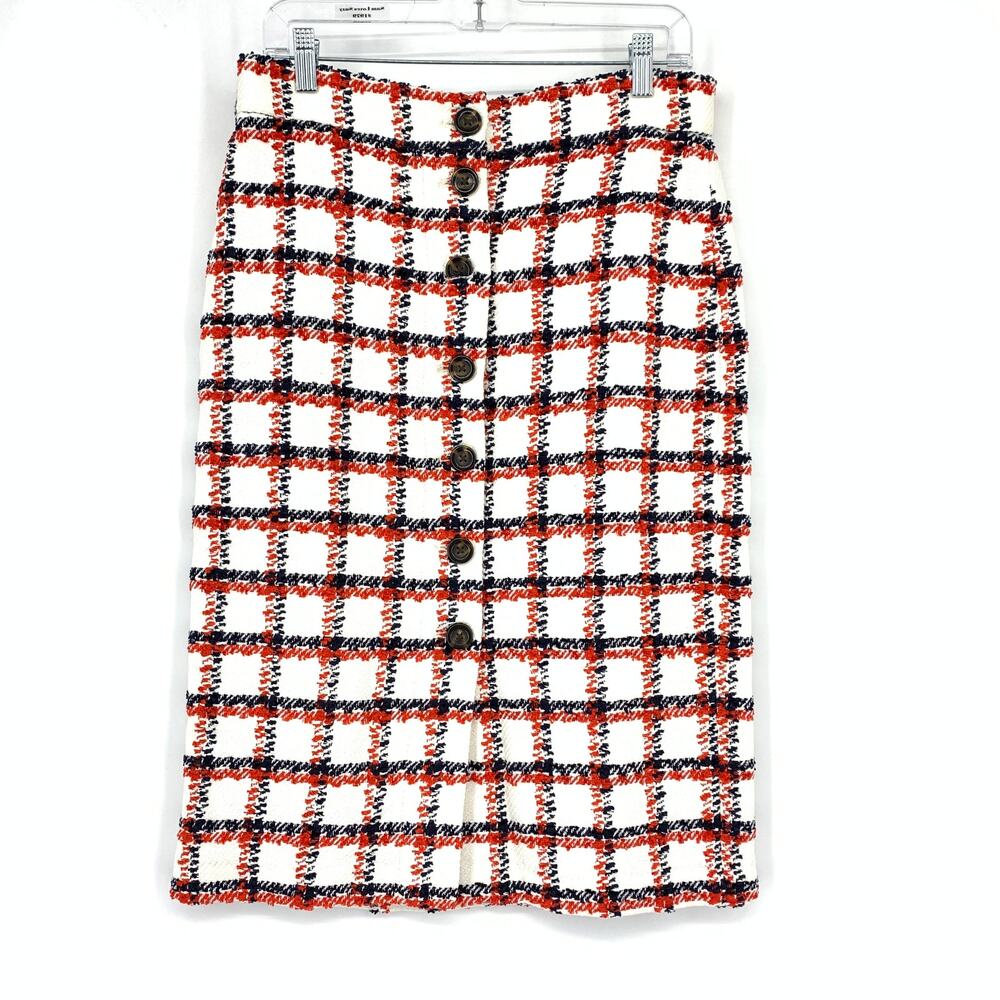 Ann Taylor Pencil Skirt Womens Sz 8 Plaid Tweed Button Front Red White Blue NEW